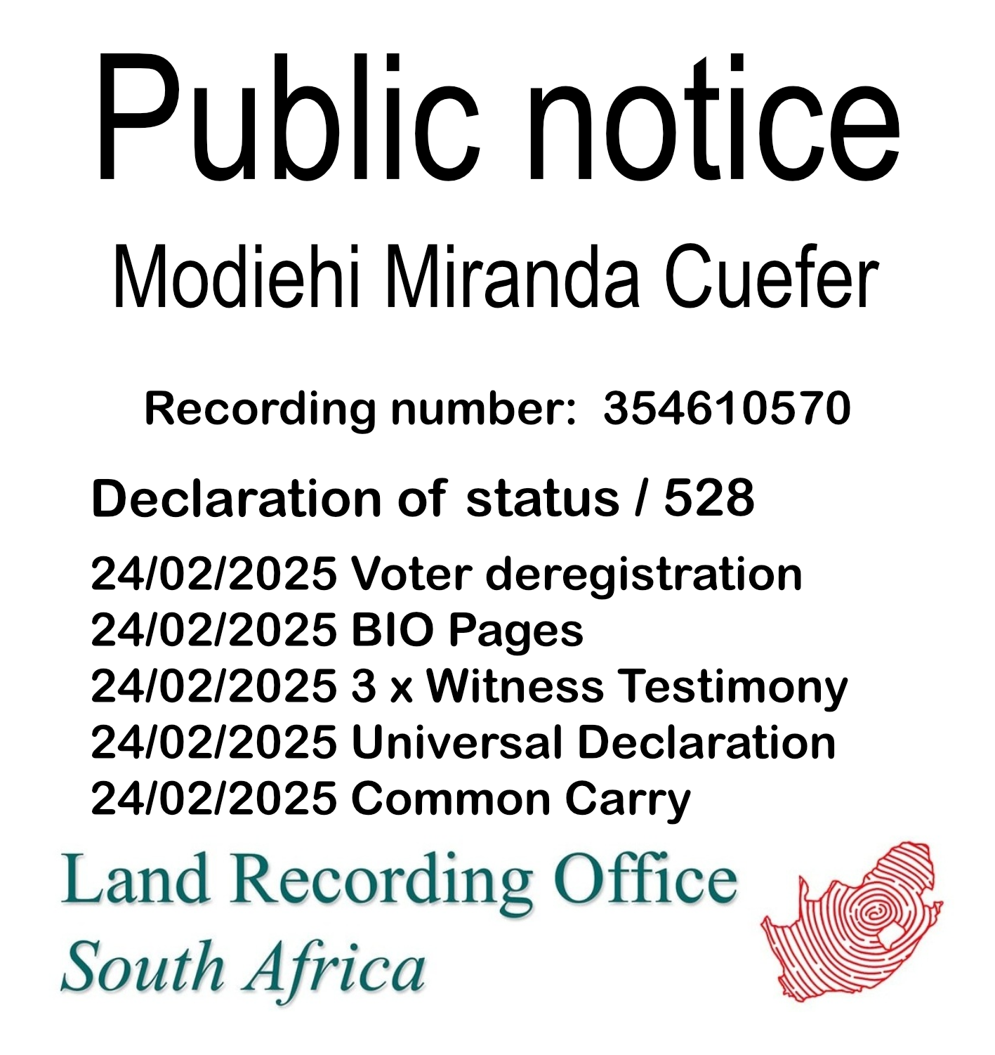 Public notice Modiehi Miranda Cuefer Recording number 354610570